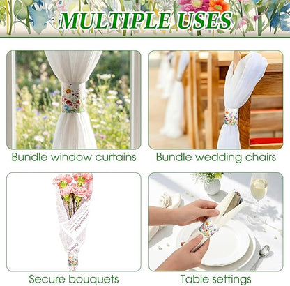 300 Pcs Spring Wildflower Paper Napkin Rings Disposable Napkin Bands Self Adhesive Colorful Wildflower Silverware Wrap Band for Floral Birthday Holiday Party Dinner Table Setting Decoration