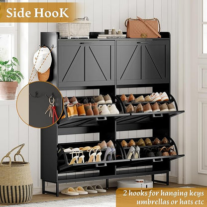 Shoe Cabinet Storage for Entryway, Shoe Storage Cabinet with 6 Flip Drawers, Freestanding Narrow Shoe Rack Organizer with Metal Legs, Adjustable Shelves & Open Storage for Foyer, Hallway, Black