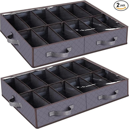 Under Bed Shoe Storage Organizer, Set of 2, Sturdy Structure, Adjustable Dividers, Reinforced Handle, Sturdy Zipper, Underbed Storage Solution with Clear Window, Breathable, Gray