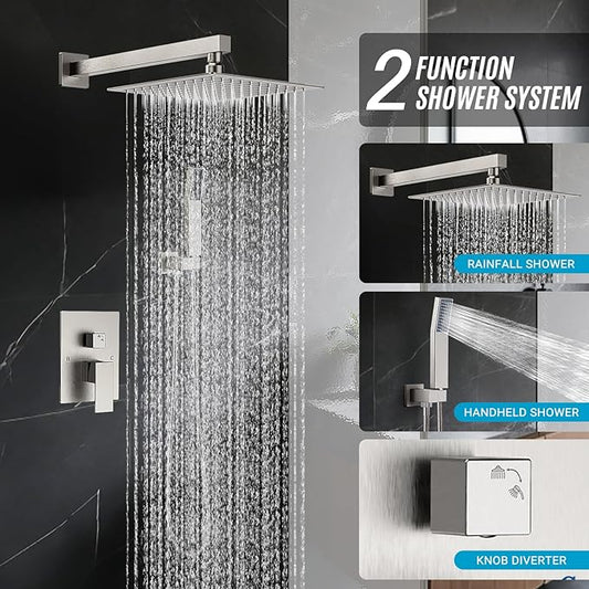 10" Square Rain Shower Faucet Set, Wall Mount, Brush Nickel | 304 SS, air tech boosts pressure 50%, dual spray, anti-fingerprint