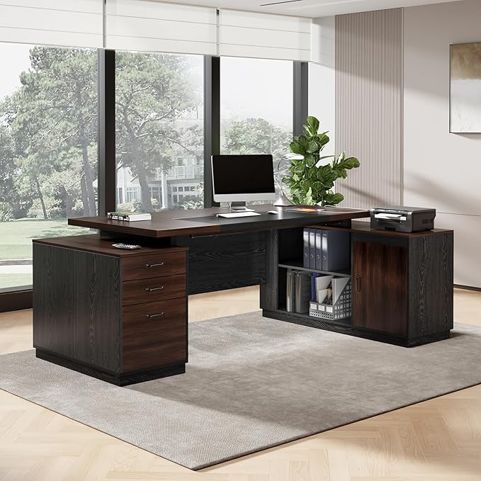 L Shape Executive Desk with Drawers and Storage Cabinet, Wooden Executive Office Desk for Home, Large Computer Table with Lateral File Cabinet for Studio, Dark Brown Black