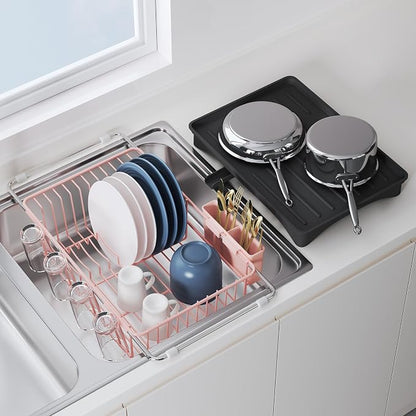 JASIWAY Pink Dish Drying Rack in Sink, Expandable Stainless Steel Dish Drainers with Drainboard for Kitchen Counter, Space Saving Dish Dryer Rack, Over The Sink Dish Racks with Utensil Holder