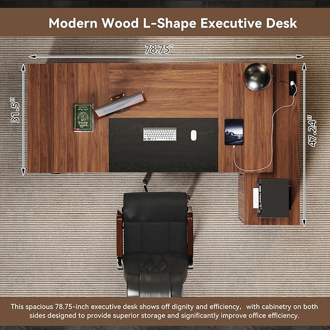 L-Shaped Executive Desk with Drawers, 78-Inch Large Home Office Desk with Power Outlet and Lateral File Cabinet, Modern Computer Table with Open Shelf and Storage Cabinet for Home, Brown Black