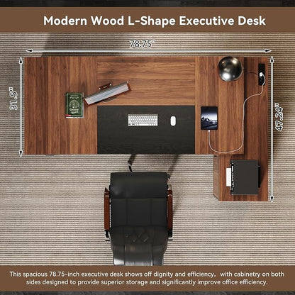 L-Shaped Executive Desk with Drawers, 78-Inch Large Home Office Desk with Power Outlet and Lateral File Cabinet, Modern Computer Table with Open Shelf and Storage Cabinet for Home, Brown Black
