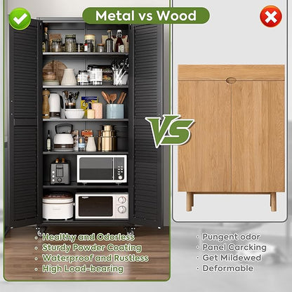Garage Storage Cabinet with Wheels & Pegboard, Lockable Metal Storage Cabinet with Doors and 5 Adjustable Shelves for Garage, Home, Assembly Required, Black, 70.87" H x 31.5" W x 15.75" D