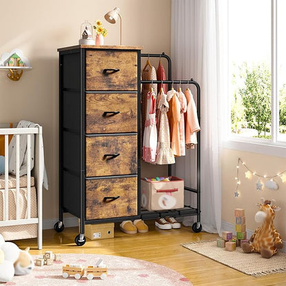 47.3" H Dresser with Hanging Rack, 4 Fabric Drawers with Double Clothes Rack & Wheels, Tall Closet Organizer Dresser for Bedroom, Entryway, Rustic Brown, 15.8" D x 29.9" W x 47.3" H