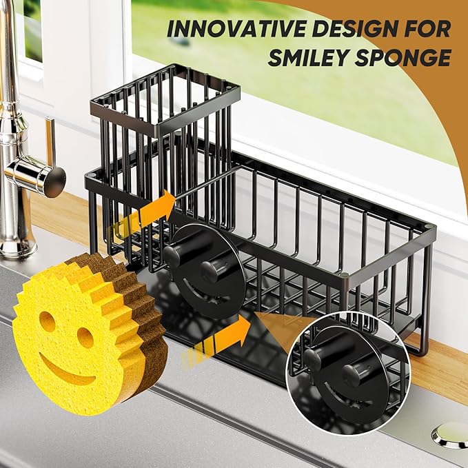 Taugast Sponge Holder for Kitchen Sink,Smiley Face Sink Caddy with Removable Brush Holder,Self-Draining Sponge Caddy for Soap,Dish Brush,Scrubber,Kitchen Essentials and Gadgets