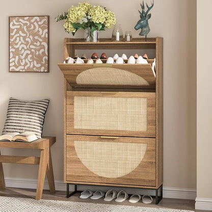 Maupvit Rattan Shoe Storage Cabinet with 3 Flip Drawers, Freestanding Shoe Organizer with Metal Legs for Entryway, Hidden Golden Handles, Narrow Shoe Rack Cabinet, Rustic Oak Rattan
