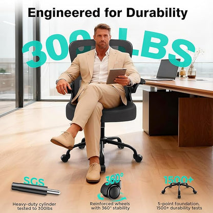 Office Chair - Ergonomic Breathable Mesh Desk Chair with Adjustable Lumbar Support and Flip-up Armrests - Executive High Back Rolling Swivel Comfortable Computer Gaming Chair for Home Office