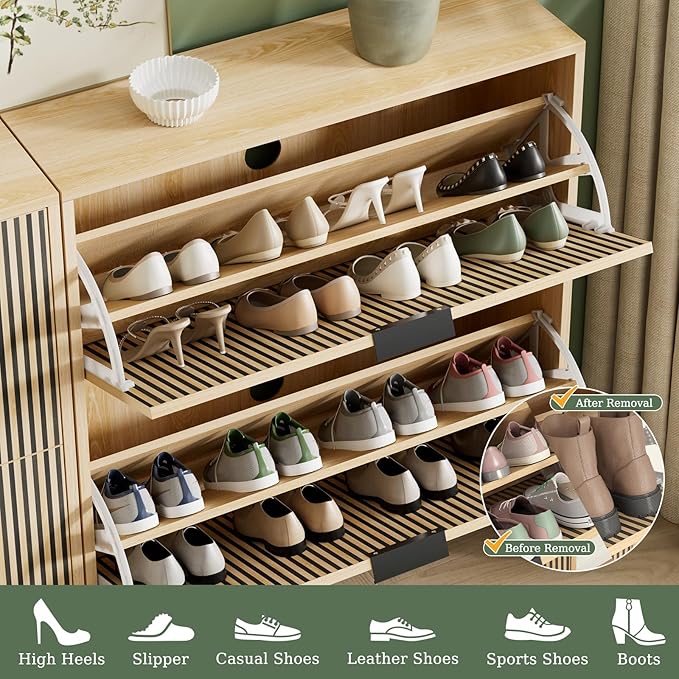 Shoe Cabinet Storage Entryway Slim, Shoe Organizer Cabinet with 2 Flip Drawers, Modern Freestanding Hidden Shoe Rack for Entryway, Natural Wood