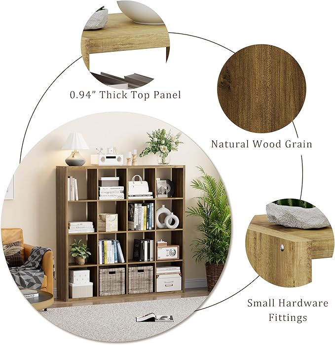 Cube Storage Organizer Bookcase, Decorative 11 inch Open Back Cubical Shelf with Thickened Border, Display Bookshelf for Living Room, Home Office, Sturdy Room (Brown, 16 Cube)