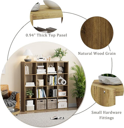 Cube Storage Organizer Bookcase, Decorative 11 inch Open Back Cubical Shelf with Thickened Border, Display Bookshelf for Living Room, Home Office, Sturdy Room (Brown, 16 Cube)