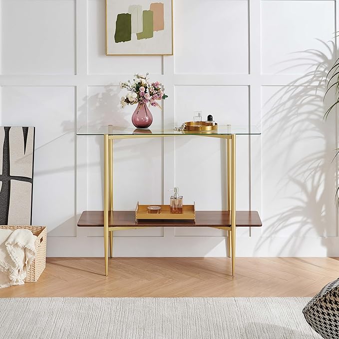 Rectangle Glass Console Table, Mid-Century Modern Design, L41*W14*H32 inch, for Living Room, Clear Glass Top and Walnut Finish Wood Shelf, Conical Metal Legs with Gold Finish