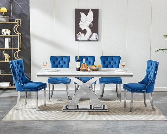 Modern Marble Dining Table Set for 6, Luxury Kitchen Dining Room Table Set for 6, 68" Faux Marble Dinner Table with Velvet Chairs, 7 Piece Dining Table Set for Dinner Party Gathering, Blue & Silver