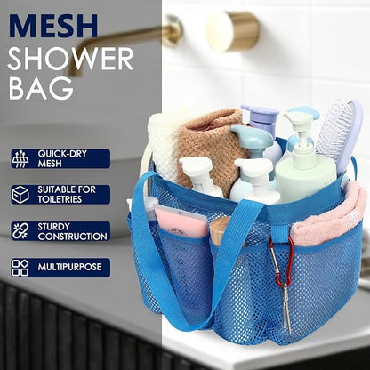 GYEUKHAM Mesh Shower Caddy Portable for College Dorm, Quick Dry Hanging Shower Bag with 8 Pockets, Bathroom Tote Organizer for Gym, Travel, Camping, Blue