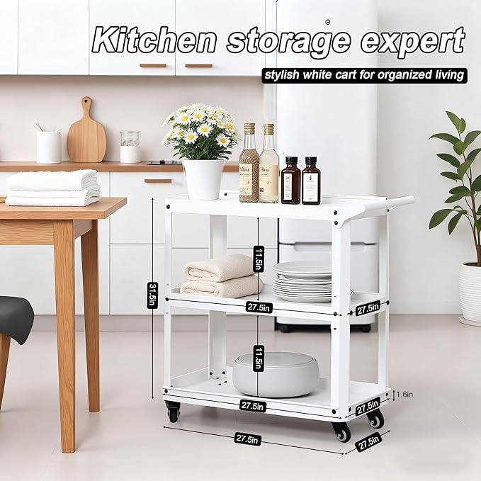 XCX 3 Tier Metal Utility Rolling Cart with Wheels, Heavy Duty Storage Organizer Trolley Cart for Kitchen, Bathroom, Office, Bedroom – Multi-Purpose 330Lbs Capacity Utility Cart on Wheels, White