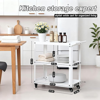 XCX 3 Tier Metal Utility Rolling Cart with Wheels, Heavy Duty Storage Organizer Trolley Cart for Kitchen, Bathroom, Office, Bedroom – Multi-Purpose 330Lbs Capacity Utility Cart on Wheels, White