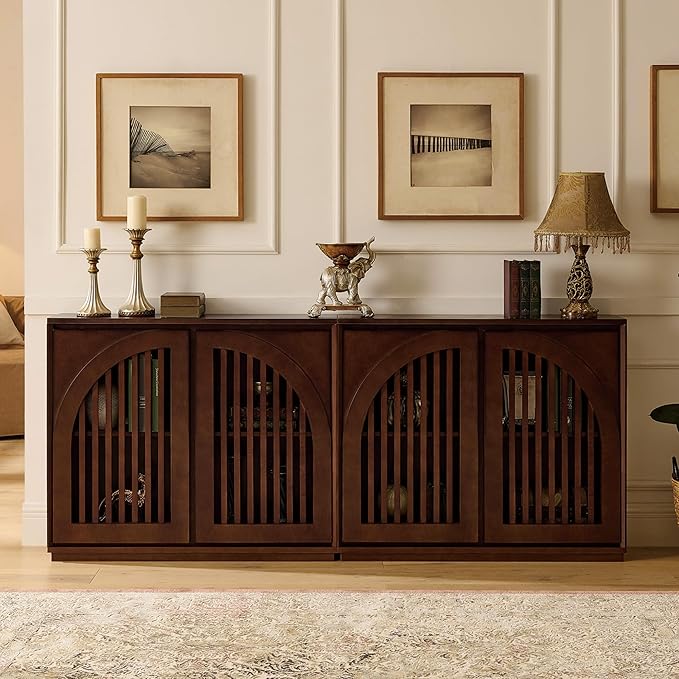 LKTART Sideboard Buffet Cabinet with Storage, Mid Century Modern Credenza with Arch Doors & Shelves, Wood Coffee Bar Media Console Table for Kitchen, Living Room, Entryway-Dark Walnut