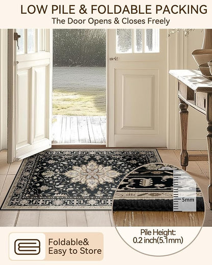 RELEANY Area Rugs Runner 2'x10' Washable Non-Slip, Floral Vintage Distress Medallion Carpet for Kitchen Hallway Bedroom Beside Laundry Room Bathroom, Black Brown Neutral Dark Tan