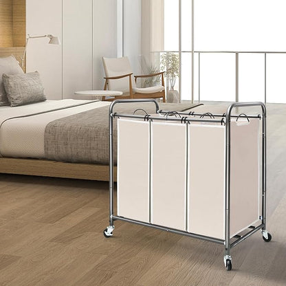 STORAGE MANIAC 3 Section Laundry Sorter, 35.9 Gal (136 L) Laundry Hamper Cart with Heavy Duty Rolling Lockable Wheels and Removable Bags, Clothes Organizer Basket Clothes Separator Hamper, Beige