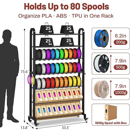 7-Tier 3D Printer Filament Storage Rack with Wheels, Heavy Duty Adjustable Metal Shelf Holds 80 Spools, Tall Mobile Filament Organizer with Hooks for 3D Printing Business & Workshop