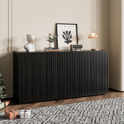Rophefx Fluted Sideboard Cabinet, 63" Buffet Cabinet with Storage, Credenza Storage Cabinets with Adjustable Shelf, Wood Entryway Cabinets with Pop-up Doors for Living Room, Entryway, Black Grey