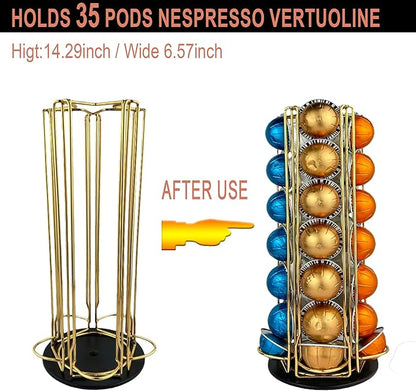 Coffee Pod Holder Carousel Organizer for Nespresso - 35 Capsule Coffee Pod Holder with 360° Rotation, Space-Saving Design for Kitchen Countertops (Gold)
