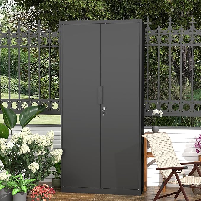Metal Garage Storage Cabinets,Locking Garage Cabinets with 2 Door and 4 Adjustable Shelves,Steel Tall Cabinet for Home Office,Warehouse,School,Black