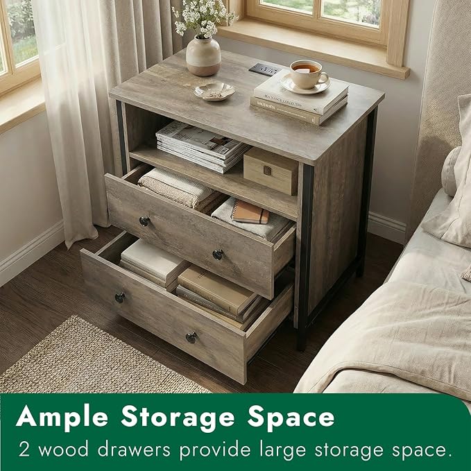 27 Inch Wide Night Stand, Lrage Wood Night Stand Set 2 with 2 Drawers, LED Nightstand with Charging Station and Adjustable Drawer, Bedside Table for Living Room/Bedroom/Study/Office, Gray.