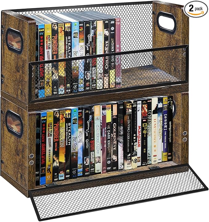 DVD Storage Box, 2 Pack Holds 56 DVDs 64 Blu ray, Stackable Media Organizer with Magnetic Door for CD, Video Game Cases, Shelf Organizer