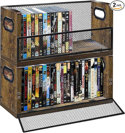 DVD Storage Box, 2 Pack Holds 56 DVDs 64 Blu ray, Stackable Media Organizer with Magnetic Door for CD, Video Game Cases, Shelf Organizer