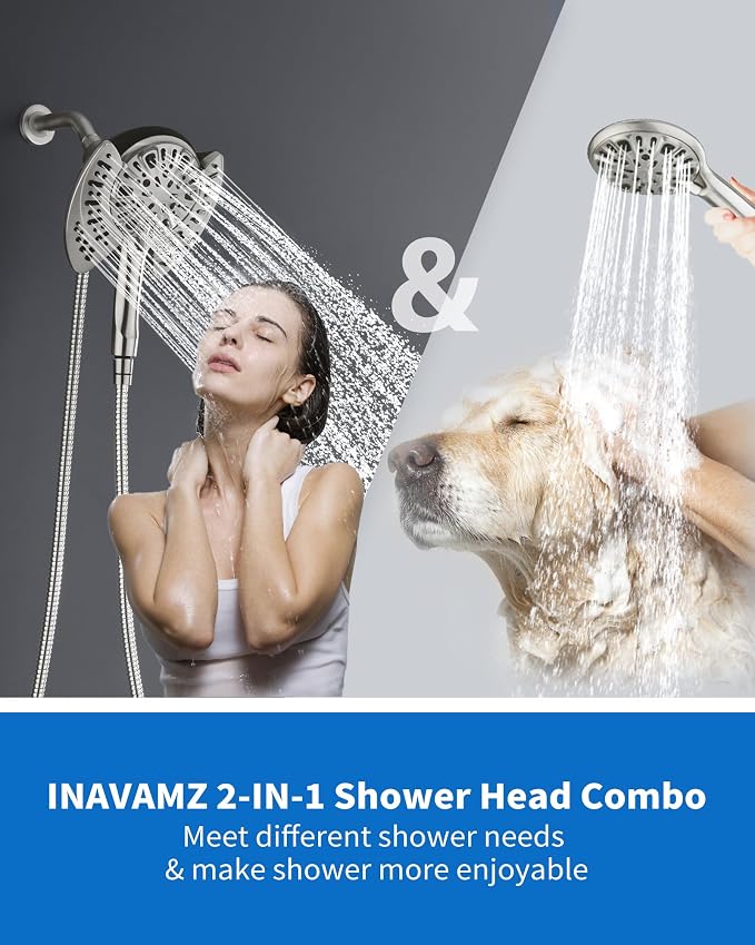 INAVAMZ Shower Head with Handheld High Pressure: Hand Held Shower Head & Rain Shower Head 2-IN-1 Shower Head with 59" Rotatable Stainless Steel Hose, Shower Trim Systems, Nickel 1.8 GPM 23233