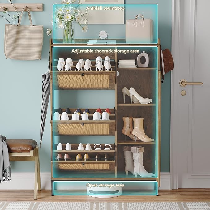 Rattan Wooden Shoe Cabinet, Freestanding 3-Flip Drawer Shoe Storage Organizer, Side Cabinet & Top Fence, Easy Assembly Shoe Rack for Entryway Hallway Living Room, Tree Pomegranate