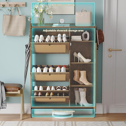 Rattan Wooden Shoe Cabinet, Freestanding 3-Flip Drawer Shoe Storage Organizer, Side Cabinet & Top Fence, Easy Assembly Shoe Rack for Entryway Hallway Living Room, Tree Pomegranate
