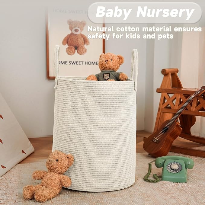 JMvicyroam Large Woven Laundry Basket Hamper,100L Cotton Rope Storage Bin for Blankets,Toys and Clothes,Decorative Tall Nursery Hamper for Living Room,Baby Nursery,Bathroom and Bedroom,White