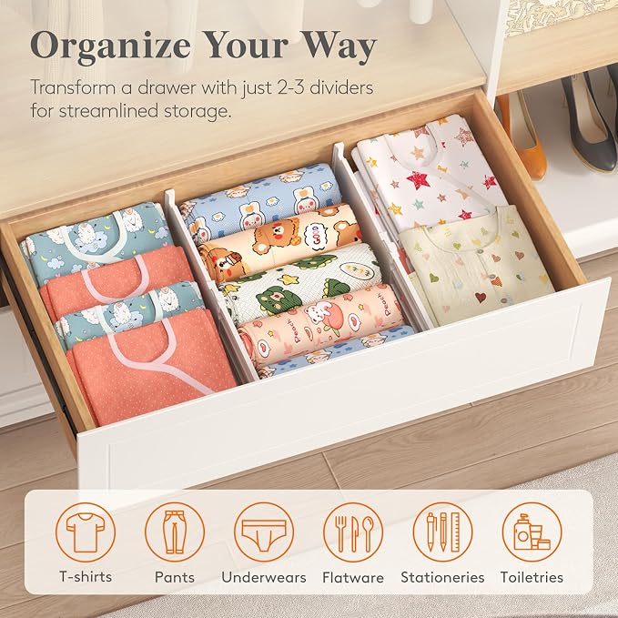 Lifewit 5" High 12 Pack Drawer Dividers, 11.5"-18.5" Adjustable Deep Drawer Organizer Clothes, Expandable White Plastic Separators for Dresser, Kitchen, Cabinet, Nursery, Office Organization & Storage