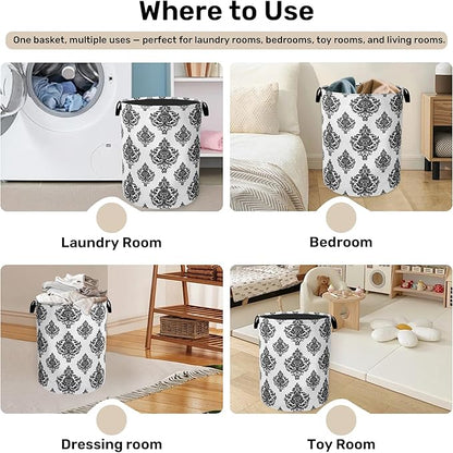 Black White Damask Flower Foldable Laundry Hamper - Waterproof Fabric Storage Basket with Handles, Clothes Hampers for Laundry,Bedroom,Dorm
