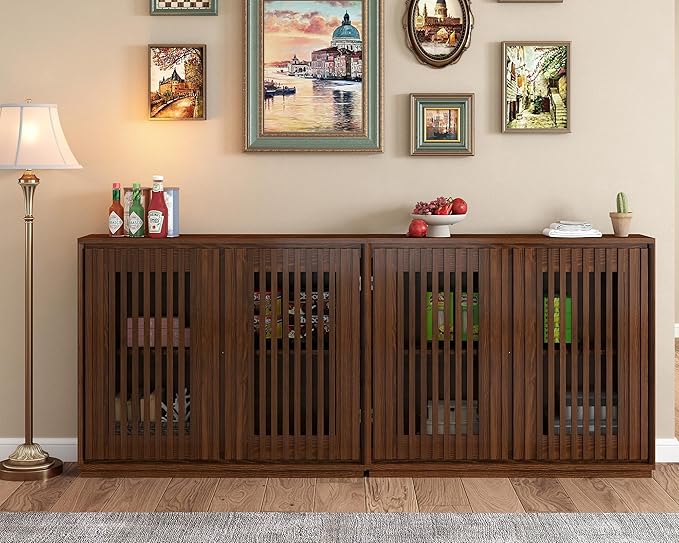 LKTART Mid Century Modern Sideboard Buffet Cabinet, Narrow Credenza Storage Cabinet with 2 Doors,Media Console Table for Living Room,Entryway,Hallway-Walnut