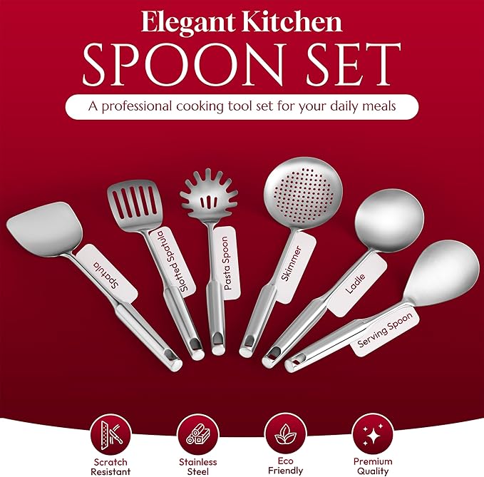SATTUWARE 6 Pc Stainless Steel Cooking Utensils Set with Ergonomic Handles – Heat Resistant Kitchen Tools Includes Slotted Spatula, Skimmer Ladle, Spatula, Serving Spoon, Pasta Spoon Ideal for Cooking
