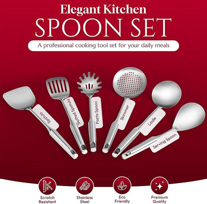 SATTUWARE 6 Pc Stainless Steel Cooking Utensils Set with Ergonomic Handles – Heat Resistant Kitchen Tools Includes Slotted Spatula, Skimmer Ladle, Spatula, Serving Spoon, Pasta Spoon Ideal for Cooking