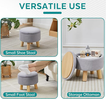 Small Foot Stool Ottoman with Storage, Soft Faux Fur Ottoman Foot Rest for Couch, Round Footstool with Storage, Small Ottomans and Footstools for Living Room and Entryway (Gray)