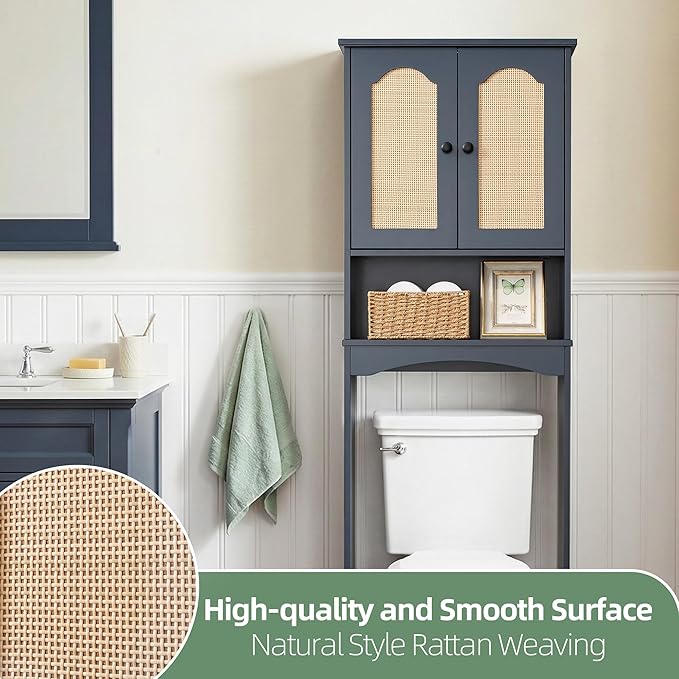 Over The Toilet Storage Cabinet, Above Toilet Organizer with 2 Rattan Doors, Modern Blue Finish, 24x70 inch Space Saving Freestanding Bathroom Cabinet