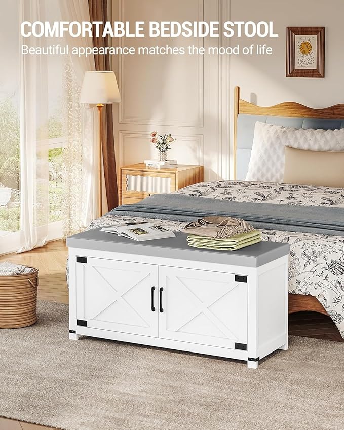 Shoe Storage Bench, 2 Tier Shoe Bench with Padded Seat Cushion & 2 Barn Doors, Entryway Bench with Adjustable Shelf, Farmhouse Shoe Cabinet for Living Room, Bedroom, White SB26603GY
