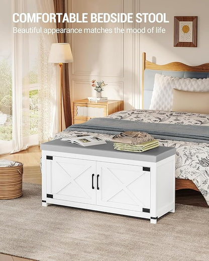Shoe Storage Bench, 2 Tier Shoe Bench with Padded Seat Cushion & 2 Barn Doors, Entryway Bench with Adjustable Shelf, Farmhouse Shoe Cabinet for Living Room, Bedroom, White SB26603GY