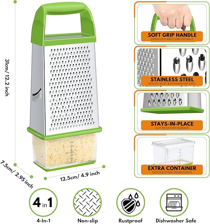 Urbanstrive Cheese Grater With Container, Professional Cheese Grater with Handle, Stainless Steel Graters for Kitchen Handheld, Box Grater with 4 Sides for Vegetables, Ginger, Potatoes (Green)