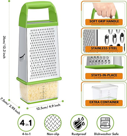 Urbanstrive Cheese Grater With Container, Professional Cheese Grater with Handle, Stainless Steel Graters for Kitchen Handheld, Box Grater with 4 Sides for Vegetables, Ginger, Potatoes (Green)
