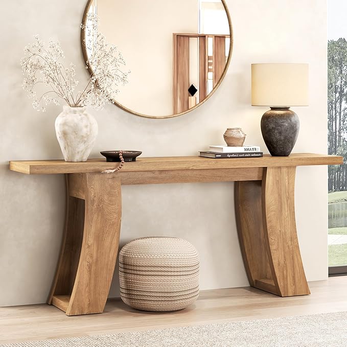 70.9-Inch Wood Console Table for Entryway Living Room, Extra Long Rectangular Natural Sofa Tables with Farmhouse Wooden Curved Base for Home Hallway Couch Foyer Entrance, Light Brown Oak