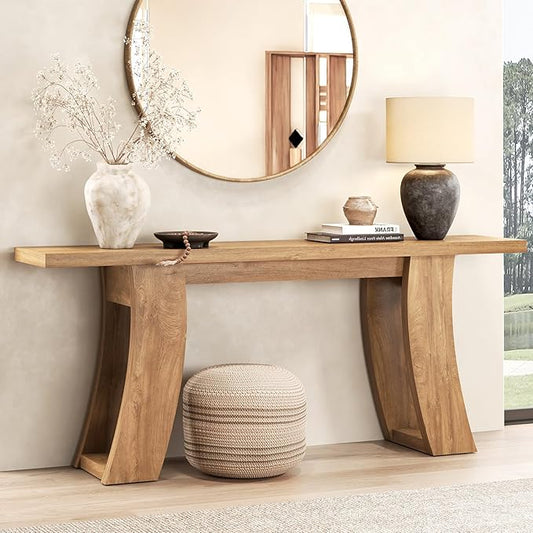 70.9-Inch Wood Console Table for Entryway Living Room, Extra Long Rectangular Natural Sofa Tables with Farmhouse Wooden Curved Base for Home Hallway Couch Foyer Entrance, Light Brown Oak