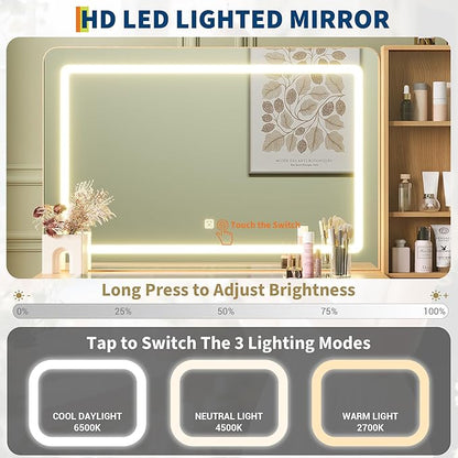 Vanity Desk with Mirror and Lights, 48" Makeup Vanity Table with 4 Drawers, 3-Shelves, Charging Station, Glass Top, 3 Color Modes & Adjustable Brightness, Modern Dressing Table Set for Bedroom - Oak