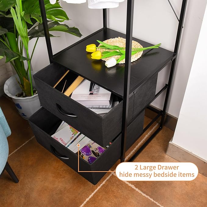 Clothing Rack with 2 Fabric Drawers - Black Steel Frame & Wood Shelf - Durable Clothes Stand Organizer with Hanging Rod - Space-Saving Closet Storage for Shirts, Dresses & Jackets